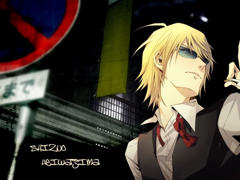 shizuo heiwajima, дорожный знак, durarara, ночь, сигарета, очки