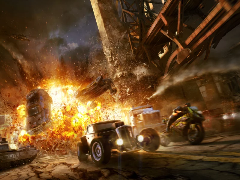 ночь, танк, мотоцикл, дорога, motorstorm, конец света, мост, гонки, вертолеты, взрыв, машины, apocalypse