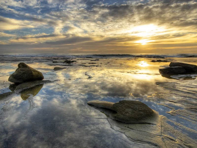 закат, берег, камни, море, вода