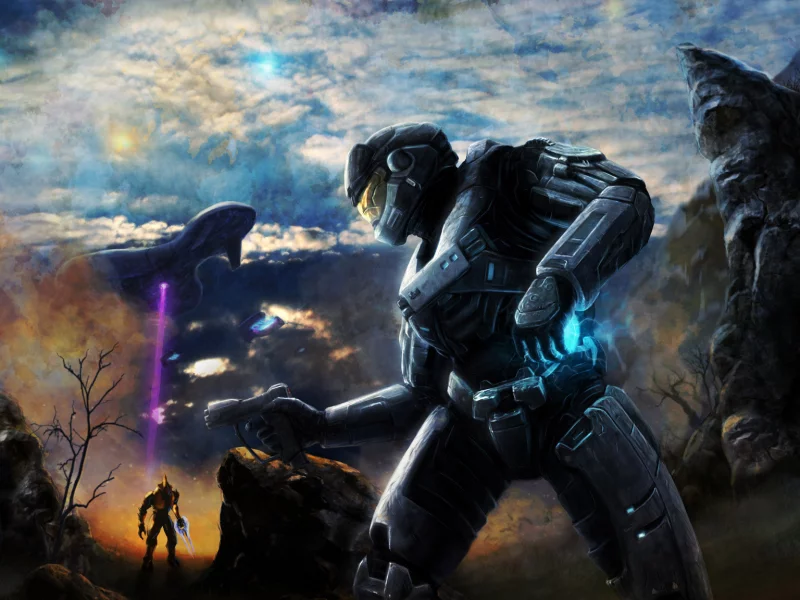 небо, корабль, halo, скафандр, горы, солдат, пистолет, броня, шлем