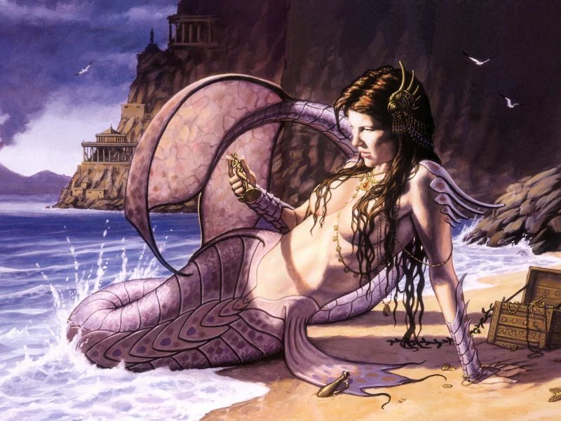рисунок, сундук, драгоценности, берег, море, арт, dorian cleavenger, русалка, фантастика, the revelation