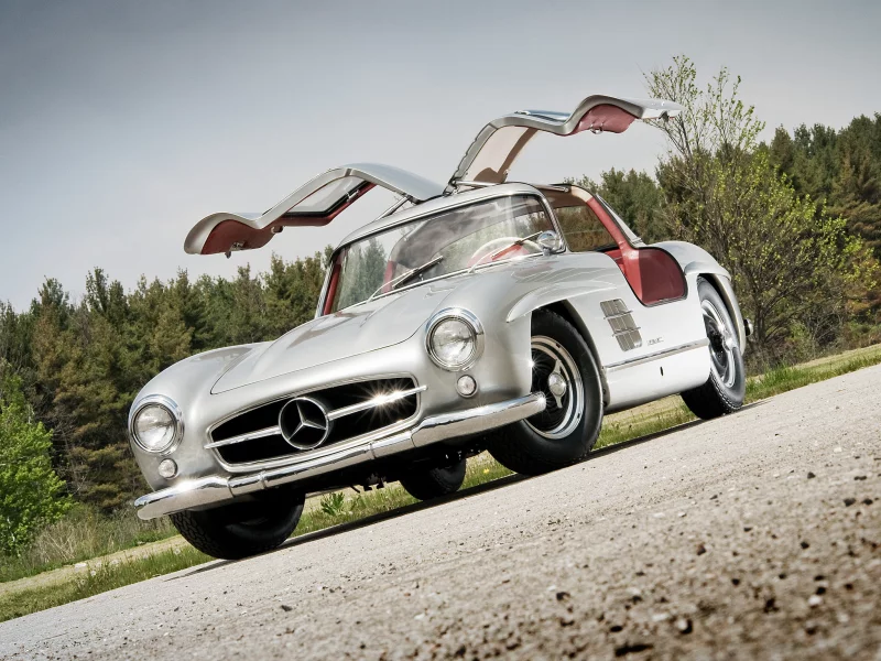 серебристый, 300sl, красивая машина, mercedes-benz, купе, двери, мерседес, крыло чайки, стильная, 1955