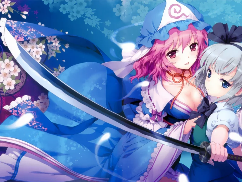 меч, катана, touhou, сакура, девушки, цветы