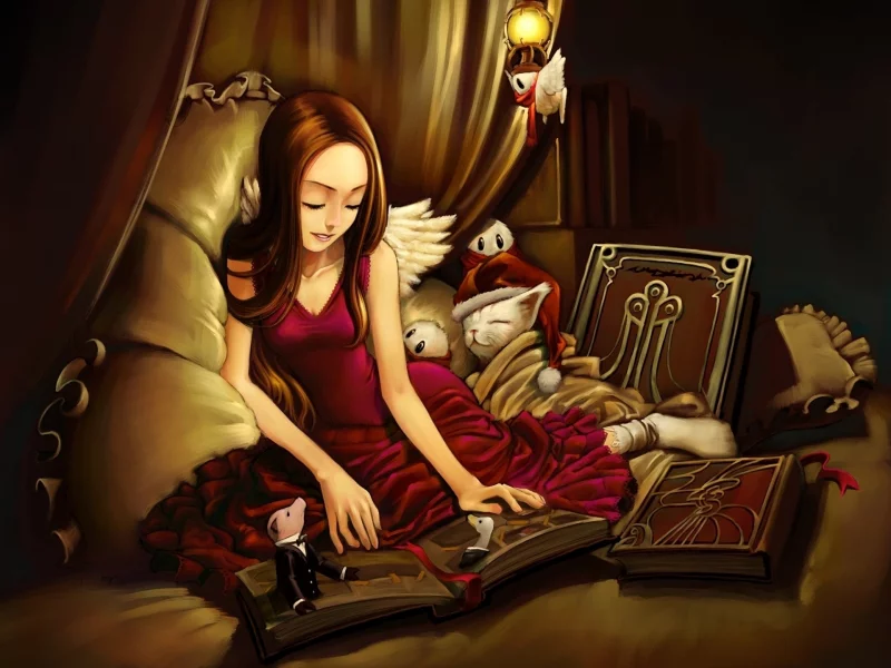 животные, спит, подушки, крылья, кровать, арт, фонарь, кот, книга, девушка, starnlei