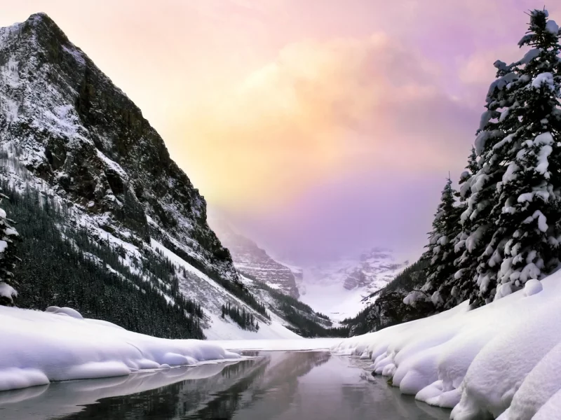 landscape, деревья, холод, ели, winter, река, горы, снег, пейзажи, скалы, вода, зима, облака, лес