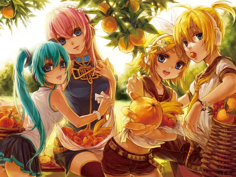 vocaloid, апельсины, фрукты, kagamine len, урожай, kagamine rin, деревья, megurine luka, hatsune miku