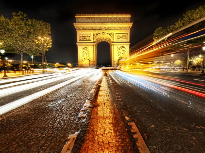 свет, paris, дороги, города, париж, огни, дорога, вид, арка, ночь, люди, машины, арки