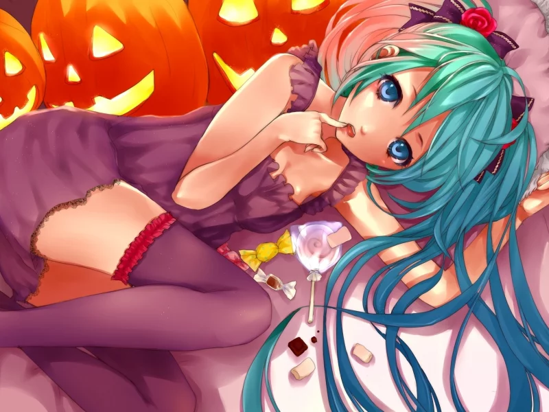 halloween, подушки, чулки, тыквы, vocaloid, конфеты, девушка, лежит, hatsune miku