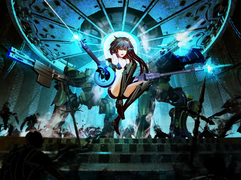 kuroi mato, битва, меха, оружие, винтовка, black rock shooter, арт, arsenixc