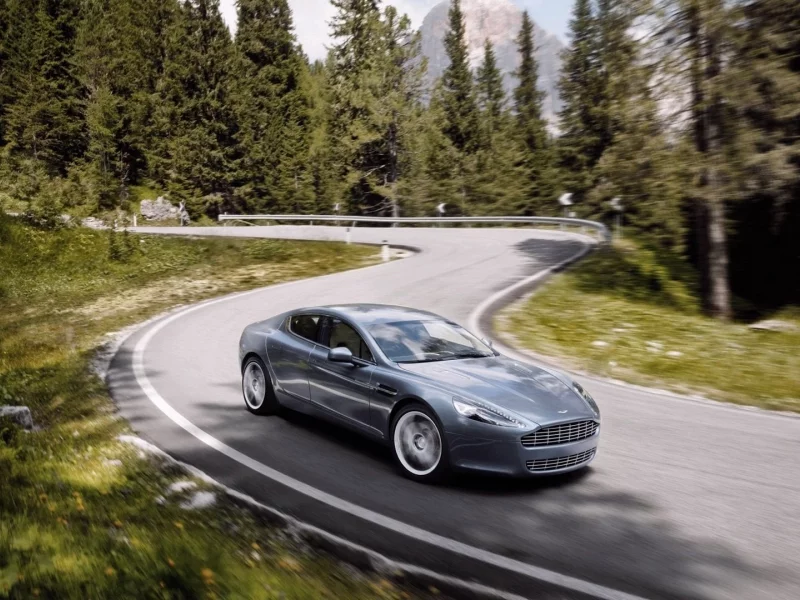 aston martin, деревья, авто, лес, поворот, дорога, размытие