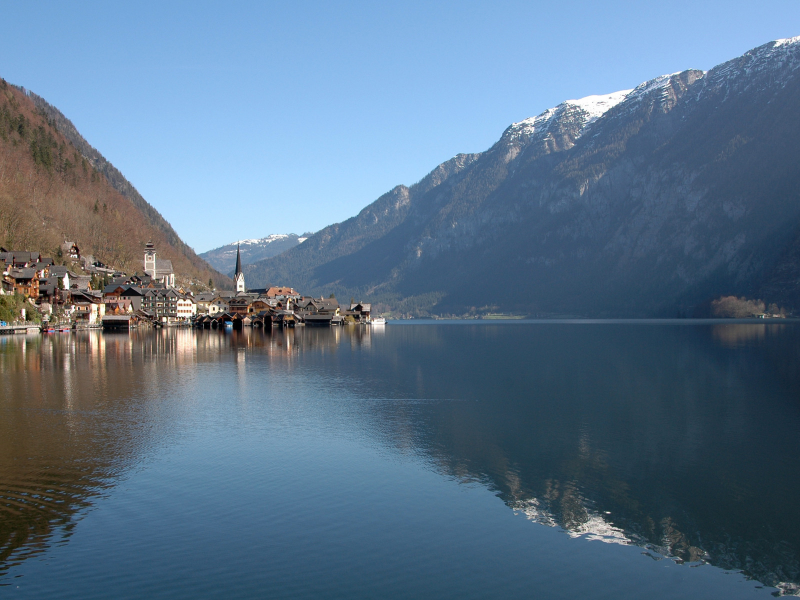 отражение, austria, городок, горы, озеро, вода, австрия, небо