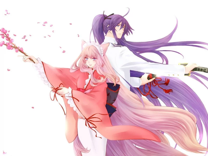 vocaloid, аниме, kamui gakupo, парень, вокалоид, сакура, весна, кимоно, девушка, оружие, megurine luka