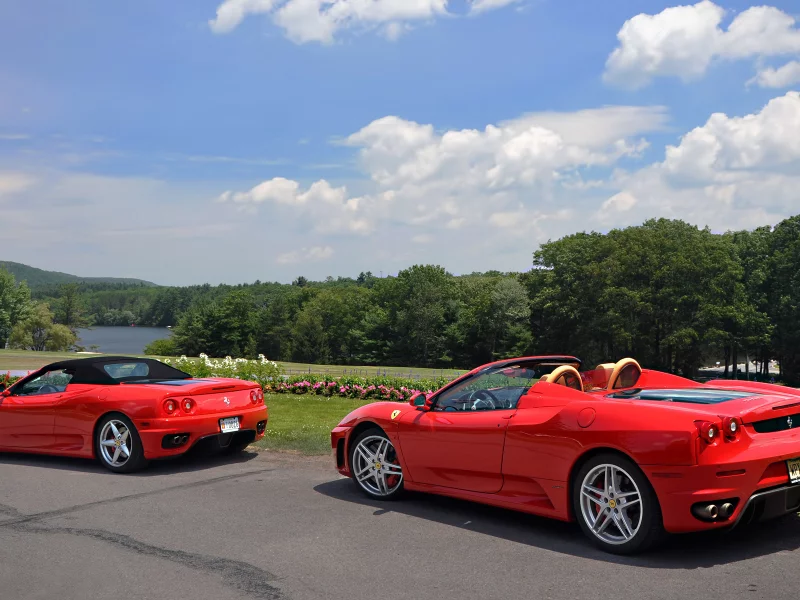 цвет, красный, пара, дорога, ferrari, лес, река