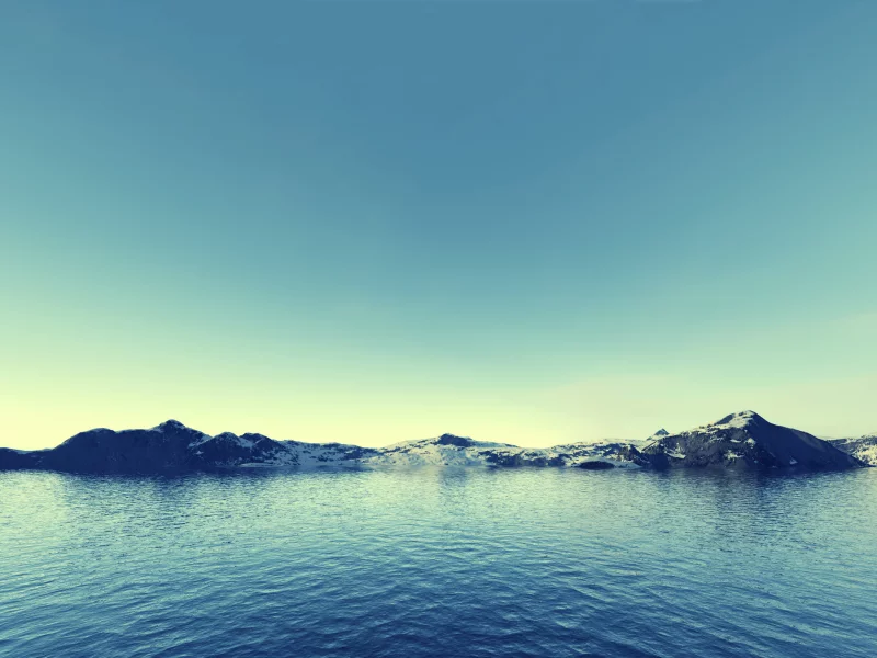 снег, вода, скалы, море, горы, небо