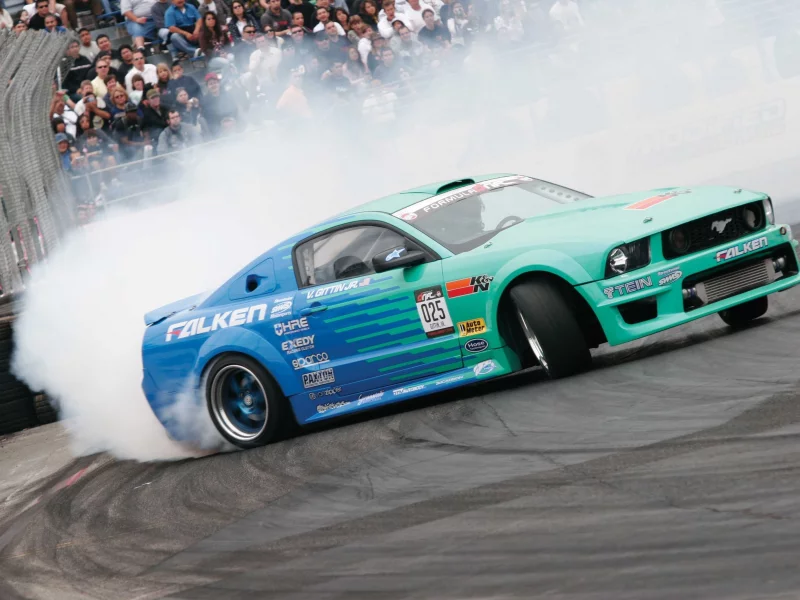 дым трасса, ford mustang, formula drift, авто обои, зрители