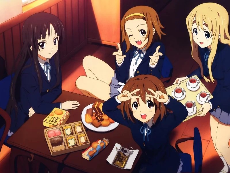 стол, девушки, k-on, чай, сладости, настроение, школьницы