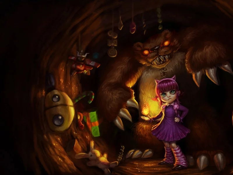 league of legends, магия, арт, игрушки, монстр, annie, пещера, огонь, katie de sousa, берлога, медведь, девочка