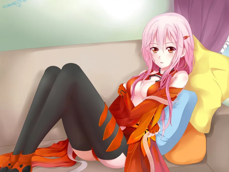 девушка, корона вины, диван, взгляд, guilty crown
