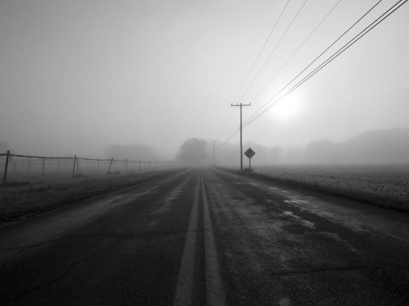 туман, дорога, серый, столбы, знак, провода, дымка