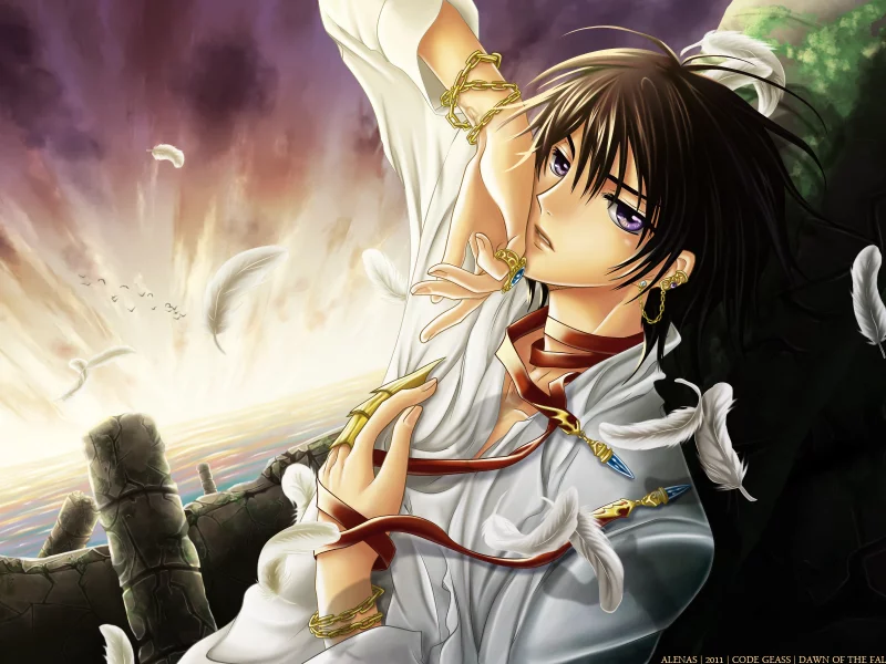 аниме, парень, code geass, море
