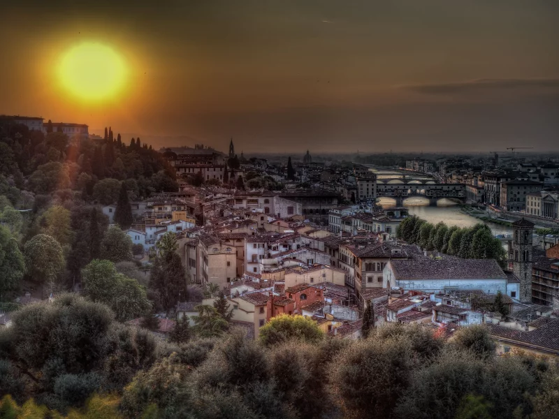солнце, мосты, здания, деревья, florence, italy, река