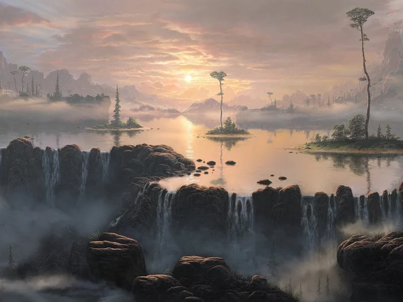 деревья, отражение, туман, fel-x (deviantart), солнце, водопад