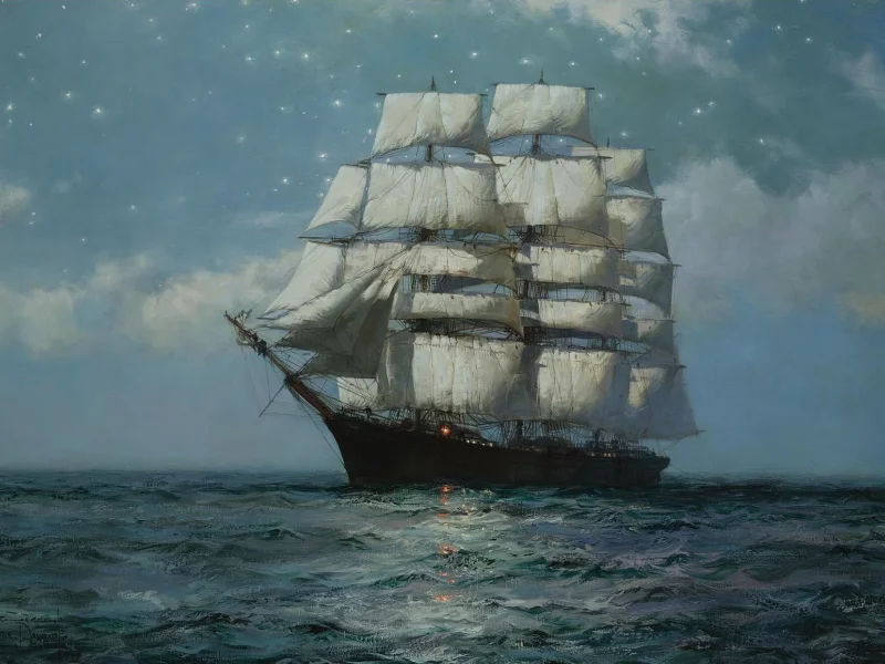 звёздное небо, clipper ship, штиль, звёзды, montague dawson, море, парусник, клипер, moonlit sea