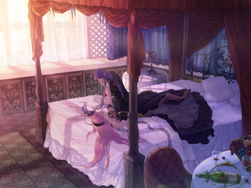 vocaloid, kamui gakupo, megurine luka, кровать, вино, лента, фрукты