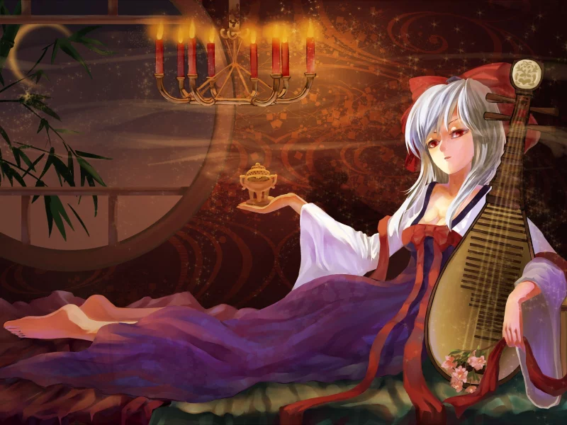 touhou, цветы, комната, бамбук, бант, ночь, месяц, свечи, музыкальный инструмент, kamishirasawa keine, лютня, девушка