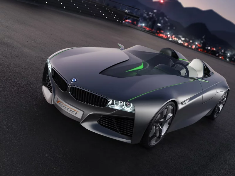 автомобиль, vision, подсветка, город, зеленая, connected drive, concept, bmw, концепт, фары, вечер