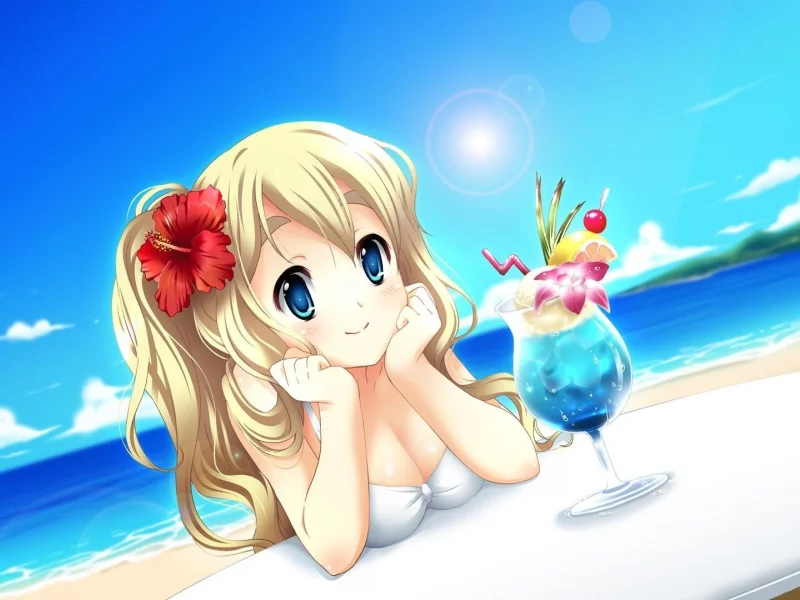настроение, аниме, девушка, коктель, бокал, suzui narumi, kotobuki tsumugi, пляж, море, лето