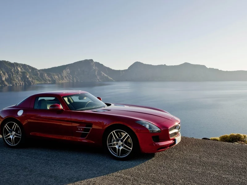 benz sls amg, машины, mercedes, фотографии с машинами, вид, мерседесы, пейзажи, горы, вода