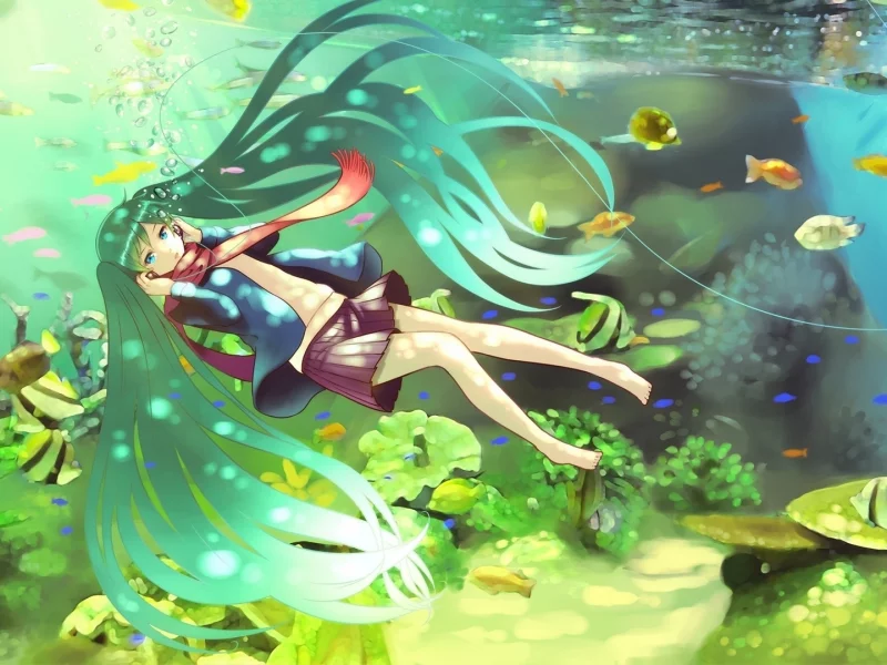 под водой, вокалоид, наушники, hatsune miku, рыбы, шарф, волосы