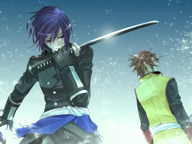 записи голубой крови, karon, сайто, art, hakuouki, saitou hajime, окита, hekketsu-roku, okita souji, демоны бледной сакуры, парни, катана, снег