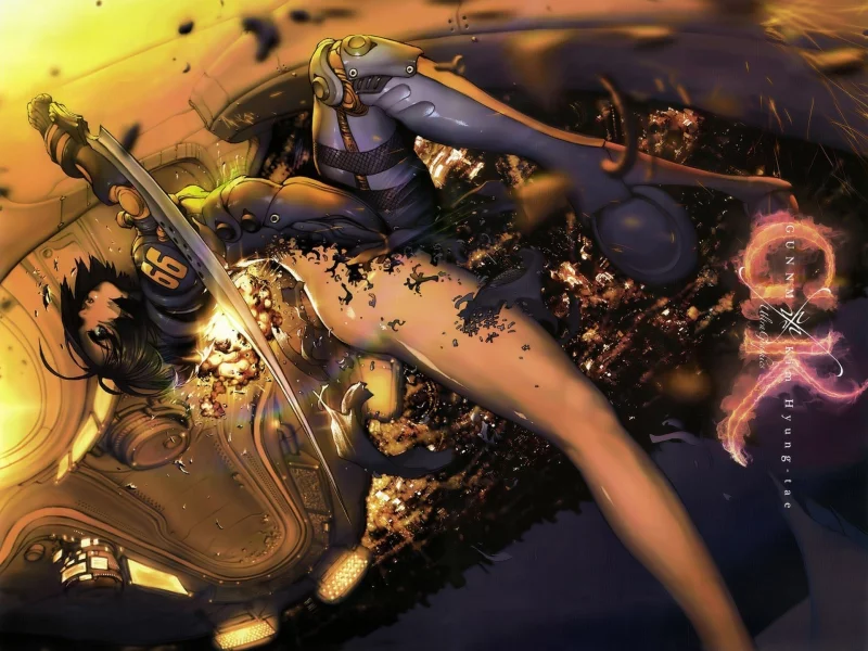 battle angel alita gunnm, нога, падение, оружие, аниме-девушка