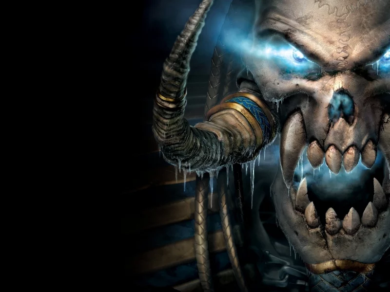 глаза, лицо, warcraft 3, the frozen throne, пасть, клыки, undead, чёрный фон, военное ремесло, холод, ледянной трон, рога, блеск, варкрафт 3, нежить