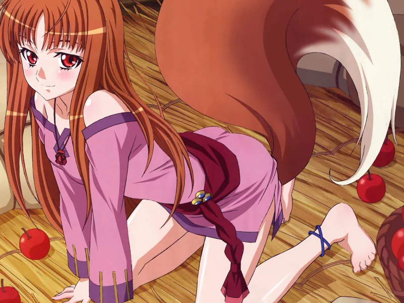 волчица, настроение, браслет, spice and wolf, волчица и пряности, аниме, яблоко, корзина, хвостик, платье, мешочек, девушка, ушки