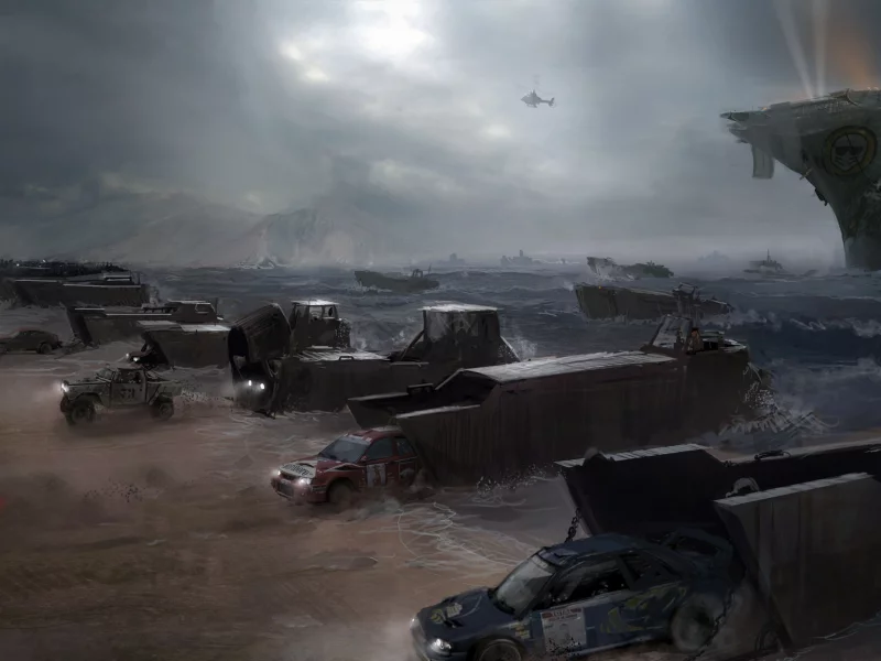 машины, авианосец, вертолет, побережье, море, apocalypse, motorstorm