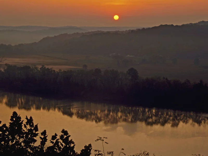 пейзаж, reflection, river, небо, речка, landscape, hill, деревья, солнце, природа, nature, water, 1920x1080, trees, sun, поле, sky, закат, отражение, sunset, вода