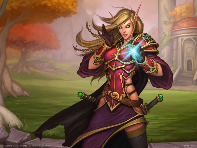 меч, эльфийка, the burning crusade, деревья, уши, беседка, эльф, оружие, магия, world of warcraft, пейзаж