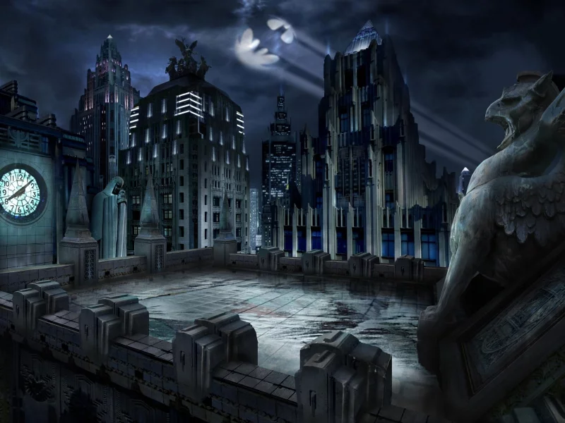 gotham city, гаргулья, batman, ночь, здания, крыша