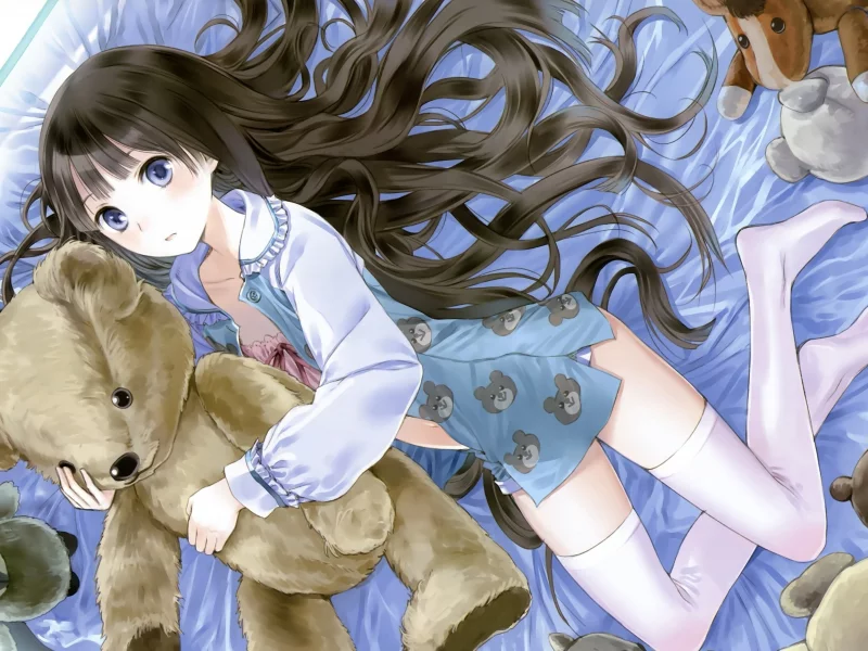 kishida mel, kamisama no memo chou, медведь, постель, игрушки, девочка