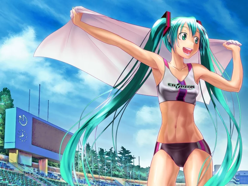 девушка, стадион, vocaloid, hatsune miku, радость