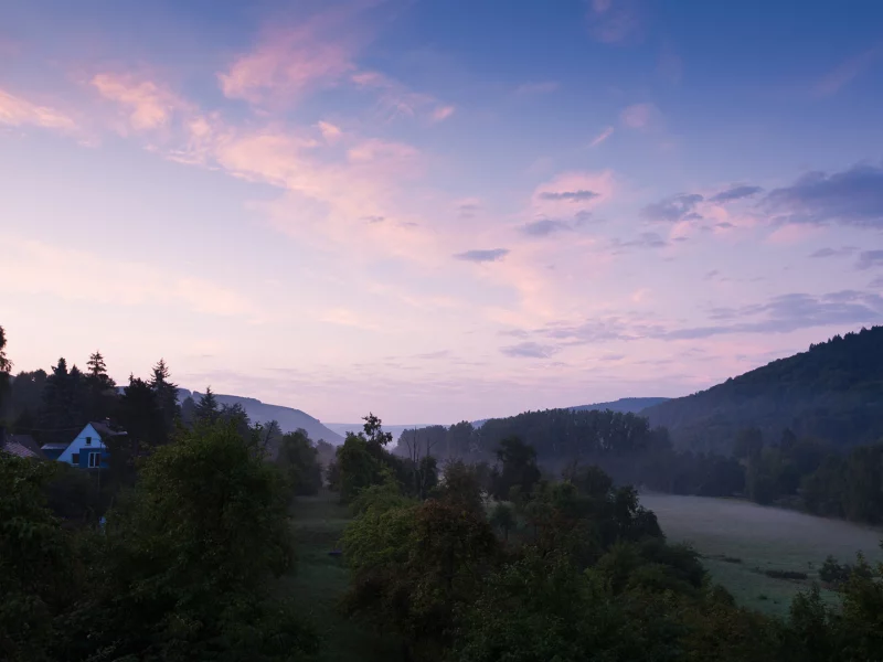 трава, sunrise, houses, sky, grass, дома, деревья, 1920x1080, небо, forest, утро, landscape, облака, расвет, лес, туман, clouds, пейзаж, fog, trees, morning, nature, природа