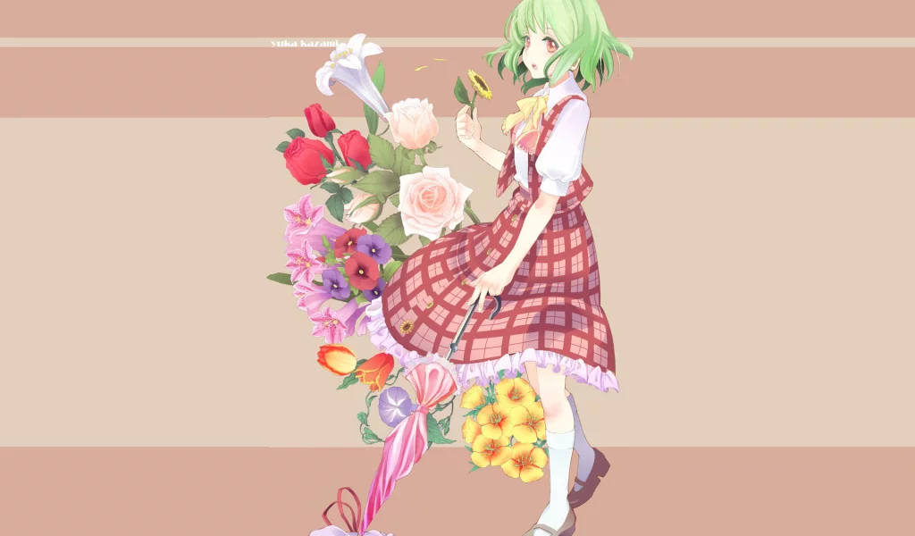 девочка, цветы, аниме, kazami yuuka