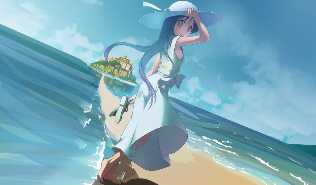 anime, пляж, город, шляпа, рисунок, горизонт, art, девочка, море, сандали, аниме
