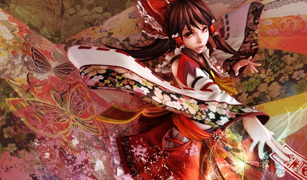 кимоно, бабочки, абстракция, девушка, карточка, бант, иероглифы, touhou