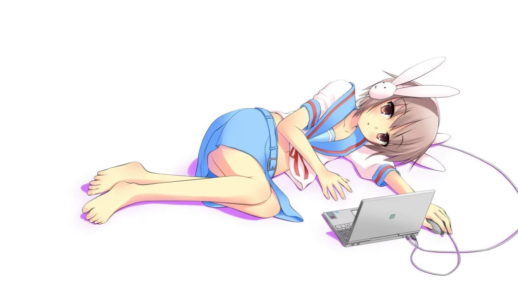 наушники, девочка, ноутбук, nagato yuki, аниме, настроение