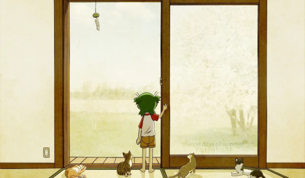 the cat days of summer, ребенок, кошки, yotsubato, дверь, девочка