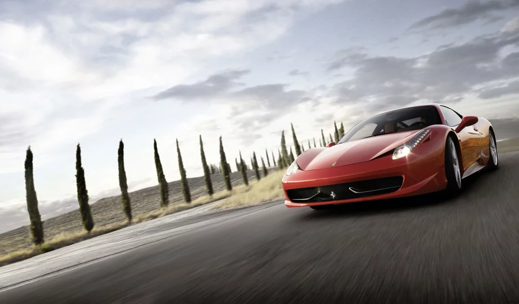 ferrari, пейзаж, разметка, машина, 458, italia, суперкар, небо, обои, дорога, феррари